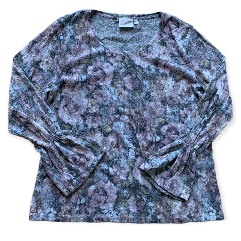 Dantelle Gray Floral Bell Sleeve Blouse XL